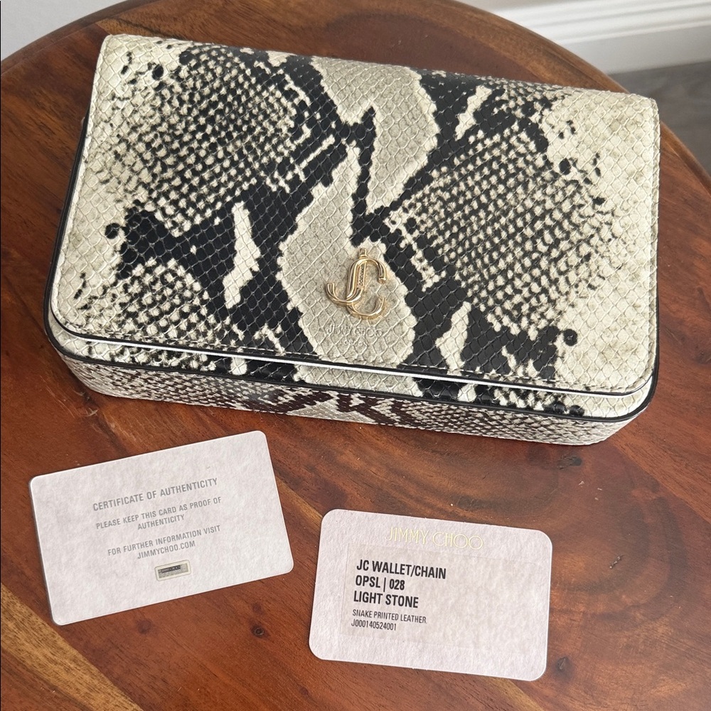 Jimmy Choo Light Stone and Black Snake-Print Wallet with Gold JC Logo